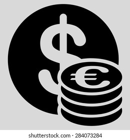 Dollar euro coins from BiColor Euro Banking Icon Set. Vector style: flat, black symbol, rounded angles, light gray background.