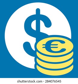 Dollar euro coins from BiColor Euro Banking Icon Set. Vector style: flat bicolor, yellow and white symbol, rounded angles, blue background.