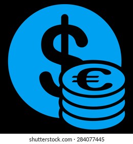 Dollar euro coins from BiColor Euro Banking Icon Set. Vector style: flat, blue symbol, rounded angles, black background.