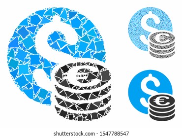 Dollar and Euro coins composition of rough items in various sizes and color tones, based on Dollar and Euro coins icon. Vector rough dots are united into collage.