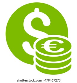 Dollar and Euro Coins icon. Vector style is flat iconic symbol, eco green color, white background.