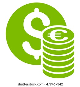 Dollar and Euro Coins icon. Vector style is flat iconic symbol, eco green color, white background.