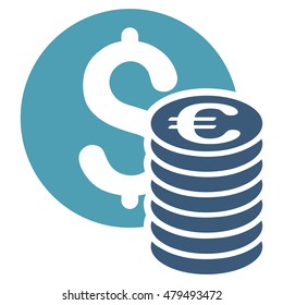 Dollar and Euro Coins icon. Vector style is bicolor flat iconic symbol, cyan and blue colors, white background.