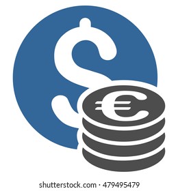 Dollar and Euro Coins icon. Vector style is bicolor flat iconic symbol, cobalt and gray colors, white background.