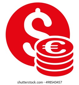 Dollar and Euro Coins icon. Vector style is flat iconic symbol, red color, white background.