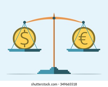Dollar and euro coins on balance. Scales with money. Flat style. EPS 8 vector illustration, no transparency