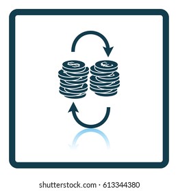 Dollar euro coins stack icon. Shadow reflection design. Vector illustration.