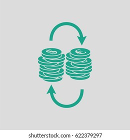 Dollar euro coins stack icon. Gray background with green. Vector illustration.