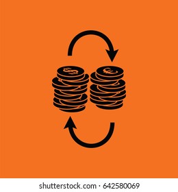 Dollar euro coins stack icon. Orange background with black. Vector illustration.