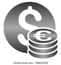 Dollar and Euro Coins vector toolbar icon for software design. Style is a gradient icon symbol on a white background.