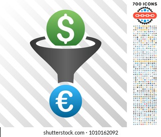 Dollar Euro Conversion Funnel gradient icon with 7 hundred bonus bitcoin mining and blockchain icons. Vector illustration style is flat iconic symbols designed for blockchain apps.