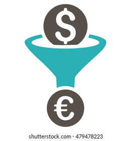 Dollar Euro Conversion Funnel icon. Vector style is bicolor flat iconic symbol, grey and cyan colors, white background.