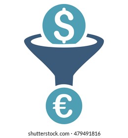 Dollar Euro Conversion Funnel icon. Vector style is bicolor flat iconic symbol, cyan and blue colors, white background.