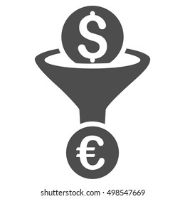 Dollar Euro Conversion Funnel icon. Vector style is flat iconic symbol, gray color, white background.
