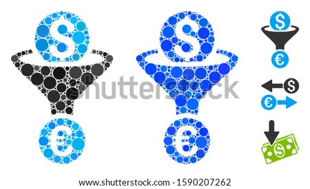 Dollar Euro conversion funnel mosaic of small circles in variable sizes and color hues, based on Dollar Euro conversion funnel icon. Vector small circles are organized into blue collage.