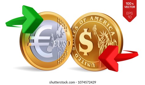Dollar to Euro currency exchange. Dollar and Euro coins. Exchange concept. Golden coins with Euro and Dollar symbol with green and red arrows. 3D isometric Physical coins. Vector illustration.