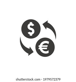 Dollar and euro exchange with arrows. Black vector icon.