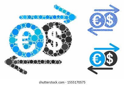 Dollar Euro exchange mosaic of filled circles in various sizes and color tinges, based on Dollar Euro exchange icon. Vector filled circles are grouped into blue mosaic.