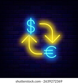 Dollar and euro exchange neon badge. USA and Europe money. Economy chart emblem. Vector stock illustration