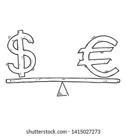 Dollar and Euro icon. Vector illustration of a euro sign and a dollar on the scales. Hand drawn euro and dollar on balanced scales.