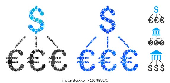 Dollar Euro links composition of round dots in variable sizes and shades, based on Dollar Euro links icon. Vector round dots are composed into blue composition.