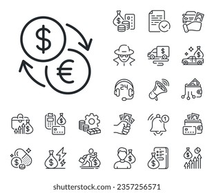 Dollar to Euro money sign. Cash money, loan and mortgage outline icons. Currency exchange line icon. Convert currency symbol. Currency exchange line sign. Credit card, crypto wallet icon. Vector