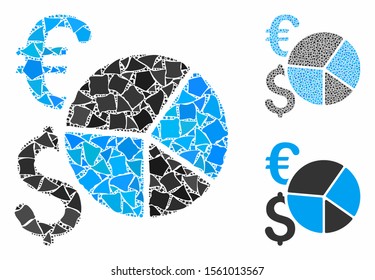 Dollar and Euro pie chart mosaic of tuberous items in different sizes and shades, based on Dollar and Euro pie chart icon. Vector unequal items are composed into mosaic.