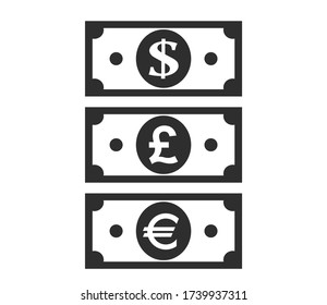 dollar, euro and pound banknotes icon. currency and money symbol. financial design elements