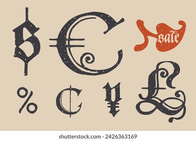 Dollar, Euro, Pound, Cent, Yen, and percentage sign set. Medieval Polish blackletter calligraphy. 15th century Schwabacher Gothic type. Old German style font for fairy tale, premium newspaper headline