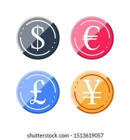 Dollar, euro, pound and yen coins, currency exchange, financial services, vector flat icon set