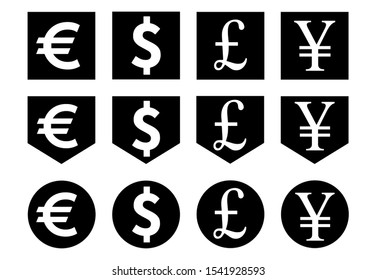 Dollar, Euro, Pound and Yen currency digns. USD, EUR, GBP and JPY money icons. Symbols in geometry frames. Vector eps10 solated on  white