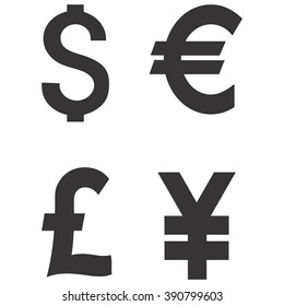 Dollar, Euro, Pound and Yen currency icons. USD, EUR, GBP and JPY money sign symbols. Usa, Great Britain, Japanese, Europe, vector.