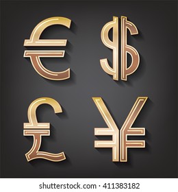 Dollar, Euro, Pound and Yen currency icons. USD, EUR, GBP and JPY money sign symbols, vector