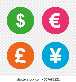 Dollar, Euro, Pound and Yen currency icons. USD, EUR, GBP and JPY money sign symbols. Round buttons on transparent background. Vector