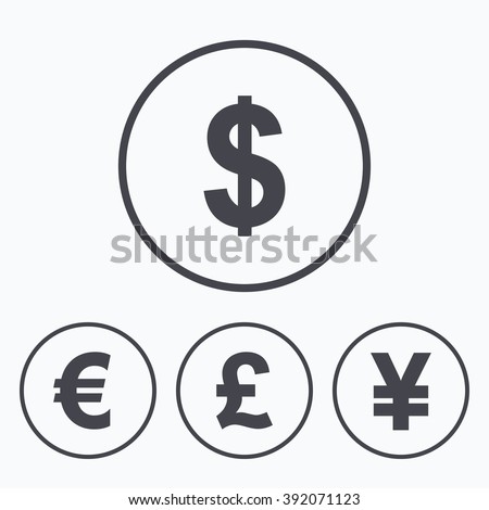 Dollar, Euro, Pound and Yen currency icons. USD, EUR, GBP and JPY money sign symbols. Icons in circles.