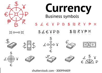 Dollar, Euro, Pound, Yen, Ruble, Rupee, Shekel, Peso, Bitcoin currency icons set. USD, EUR, JPY,  GBP, RUB, INR, ILS, money sign symbols. Finance web buttons. Red and black on white. Vector isolated 