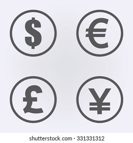 Dollar , Euro , Pound and Yen sign set . Money icon set in circle . Vector illustration