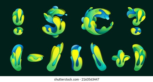 Dollar, euro, question, and exclamation mark made of green and blue splashes with fresh leaves. Perfect for eco art, waste recycling design, bio advertising, healthy food packaging.