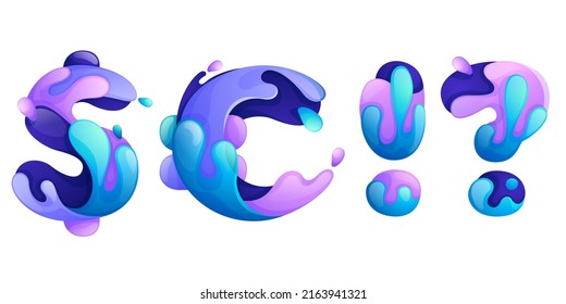 Dollar, euro, question, and exclamation mark set with water waves and drops. Pure blue gradient font style. Vector icons for your ecology application, waste recycling identity, mineral water branding.