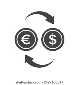 Signo de aumento de la tasa del euro del dólar, ícono de inversión de Pago de dinero, signo de Vector de crecimiento del dólar aislado.