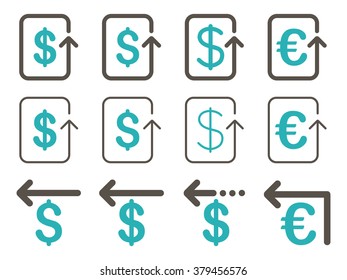 Dollar and Euro Refund vector icon set. Style is grey and cyan flat symbols isolated on a white background.