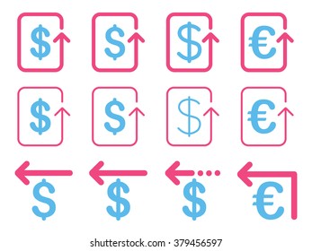 Dollar and Euro Refund vector icon set. Style is pink and blue flat symbols isolated on a white background.