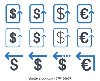 Dollar and Euro Refund vector icon set. Style is smooth blue flat symbols isolated on a white background.
