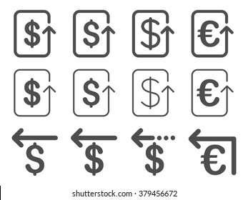Dollar and Euro Refund vector icon set. Style is gray flat symbols isolated on a white background.