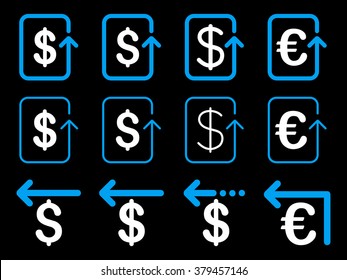 Dollar and Euro Refund vector icon set. Style is blue and white flat symbols isolated on a black background.