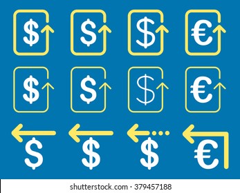 Dollar and Euro Refund vector icon set. Style is yellow and white flat symbols isolated on a blue background.