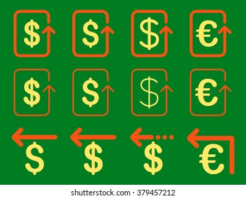 Dollar and Euro Refund vector icon set. Style is orange and yellow flat symbols isolated on a green background.