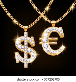 Dollar and euro sign jewelry necklace with diamonds gemstones on golden chain. Hip-hop style.