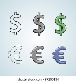 Dollar and euro sign set