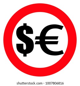 Dollar and euro sign. Vector. Black on white background. Red round sign.